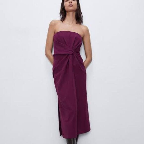ZARA Strapless Draped Purple Plum Cocktail Bridal Side Slit Midi Dress - Picture 1 of 9